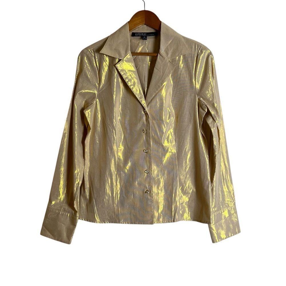 Kasper sportswear gold metallic button down shirt
